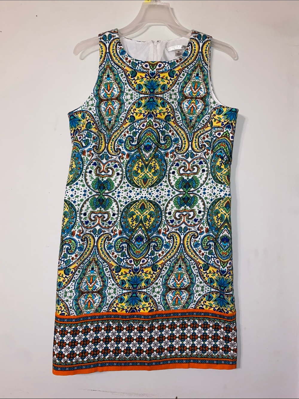 London Style Paisley-Print Sleeveless Mini Dress in Teal, Yellow & Blue